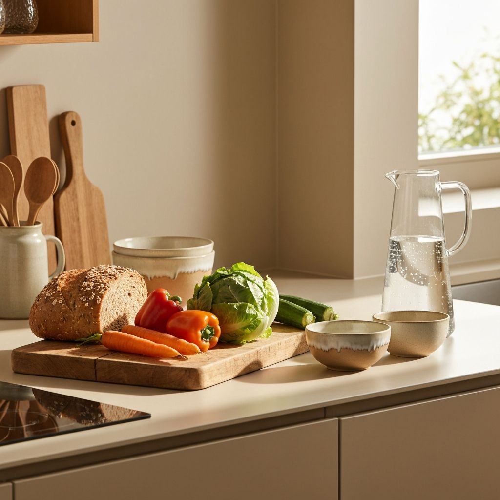 Everyday kitchen setup with natural ingredients and water